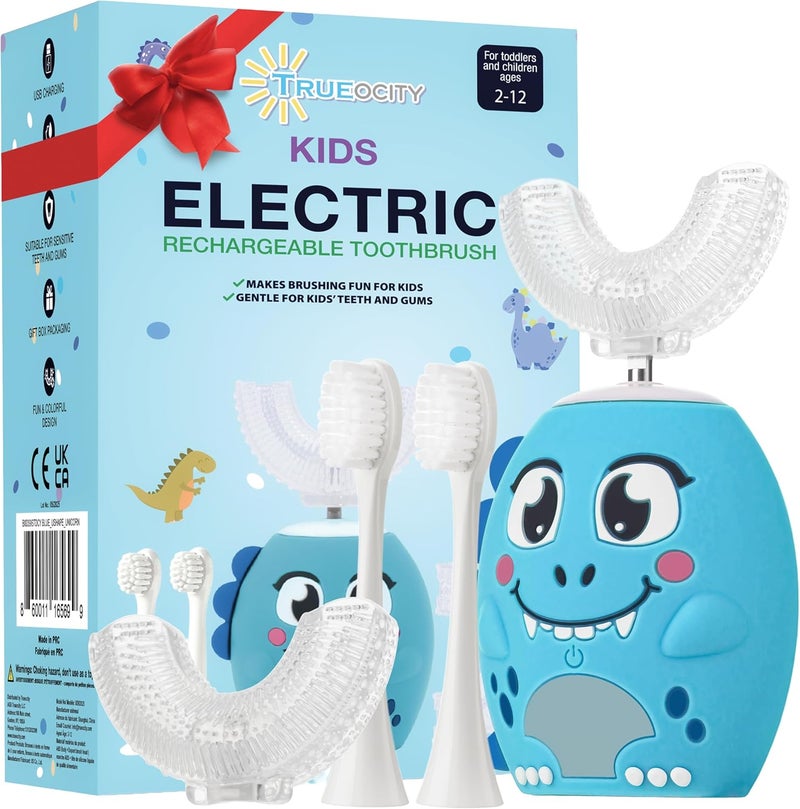 Trueocity Kids U Shape Toothbrush Auto Electric Toddler Rechargeable Kids Automatic Toothbrush | 360° U-Shaped Silicone Brush Head | Gentle Cleaning for Ages 2–7| Dinosaur Design (Blue) - Image 1